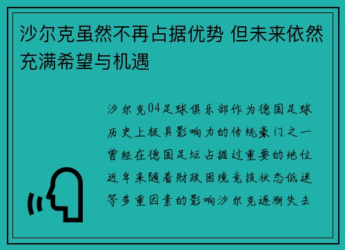 沙尔克虽然不再占据优势 但未来依然充满希望与机遇